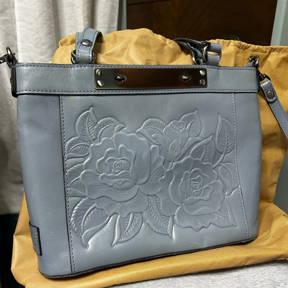Patricia Nash Safflower Blue Floral Embossed Leather Arden Tote Bag